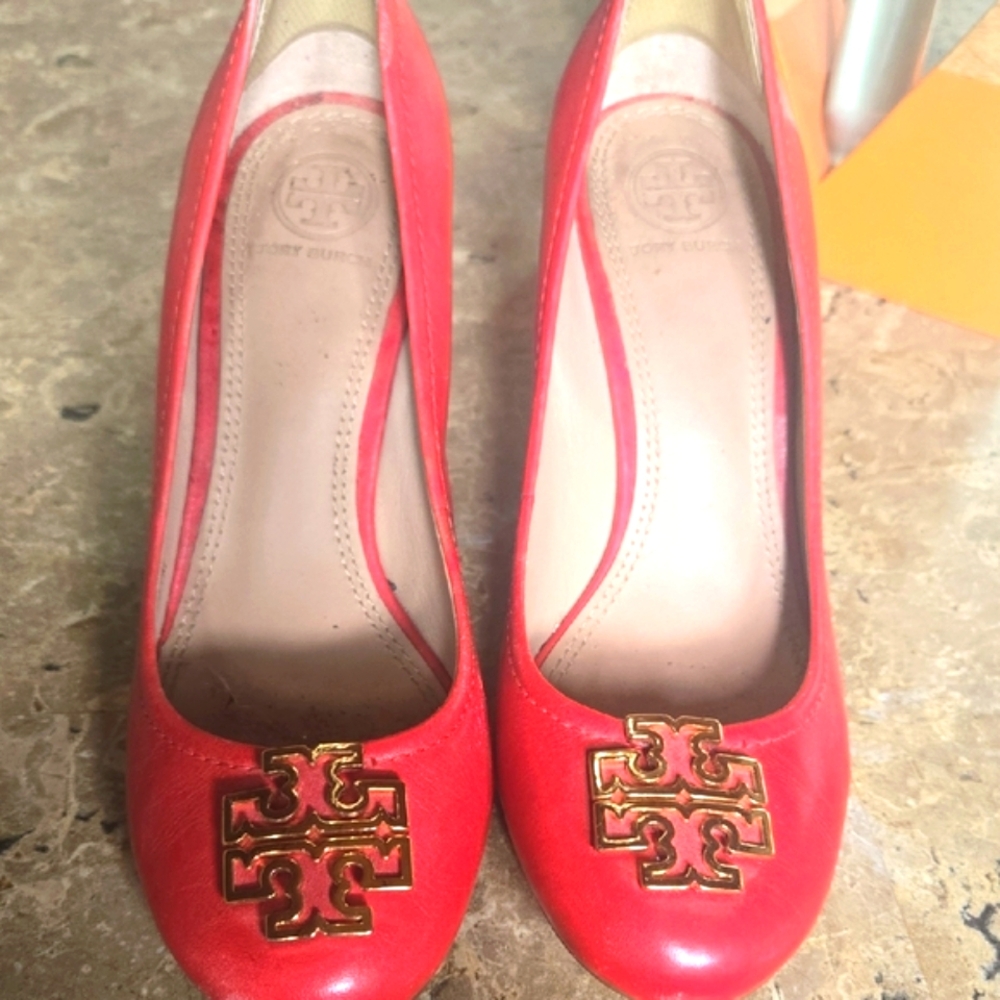 Tory Burch Red Heels with Gold Accents